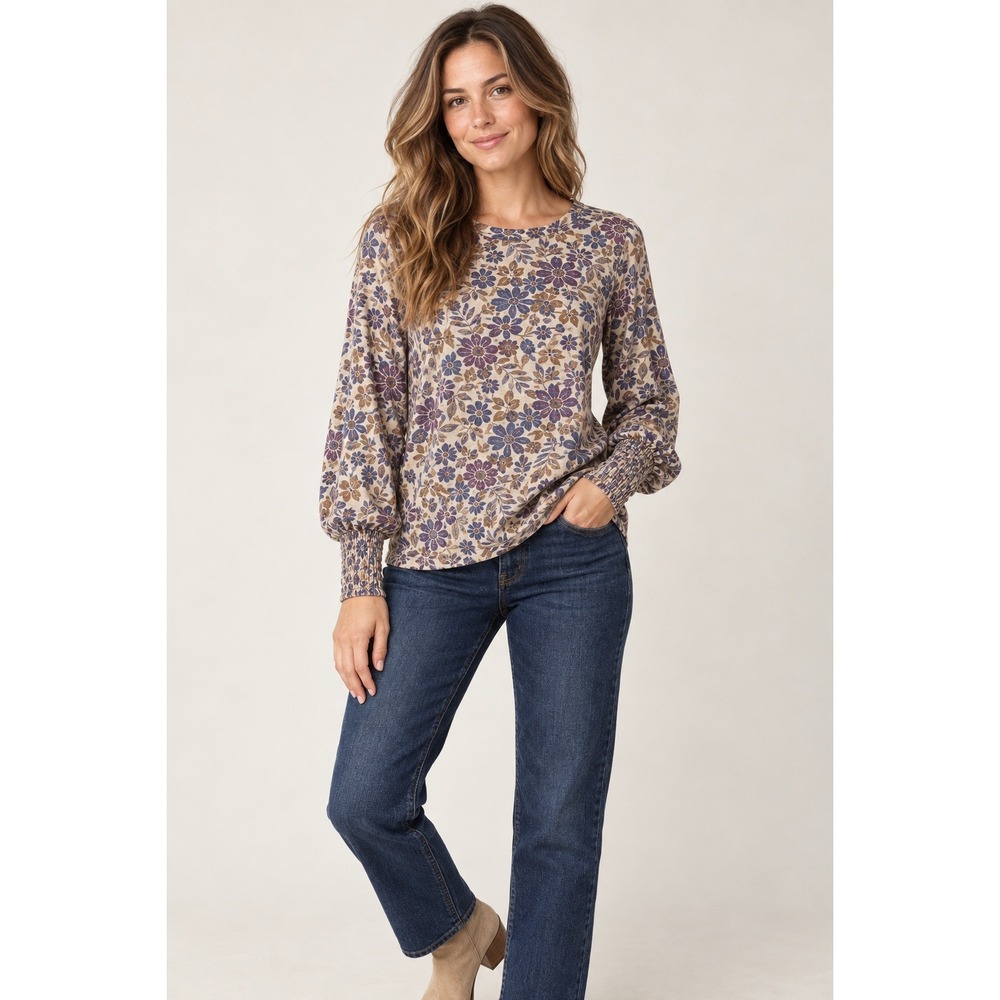 Nation LTD XL Floral Pima Cotton Smocked Cuff Puff Sleeve Top Purple Tan